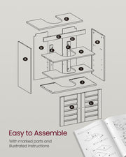 Exploded assembly diagram with lettered parts and the illustrated instruction booklet