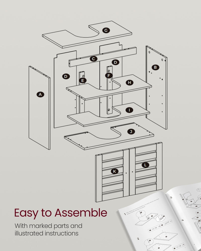 Exploded assembly diagram with lettered parts and the illustrated instruction booklet
