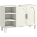 Cream under sink bathroom cabinet with arched doors and open side shelves on a white background