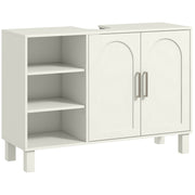 Cream under sink bathroom cabinet with arched doors and open side shelves on a white background