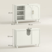 Dimensions diagram showing the cream cabinet at 90 cm wide, 30 cm deep and 63 cm high with 9.9 cm legs
