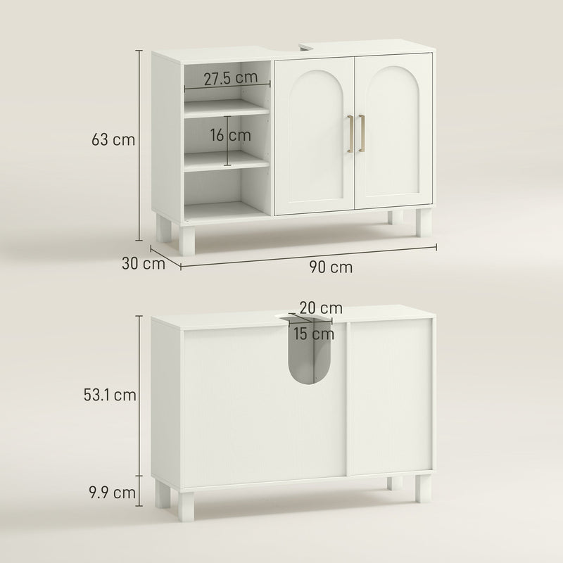 Dimensions diagram showing the cream cabinet at 90 cm wide, 30 cm deep and 63 cm high with 9.9 cm legs