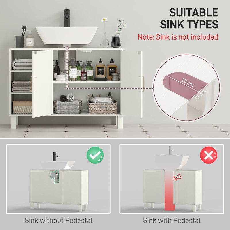 Suitable sink types panel showing the cream cabinet fits sinks without a pedestal, sink not included