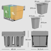 Dimension diagram of pull-out bin showing 15L and 8L bucket sizes, support frame and overall 34.3W x 35.1H cm