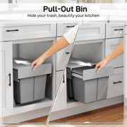 Pull-out bin lifestyle image labelled hide your trash, beautify your kitchen, shown in two cabinet styles