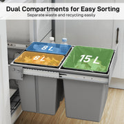 Pull-out bin drawer open showing three labelled compartments, 8L, 8L and 15L, for sorting waste and recycling