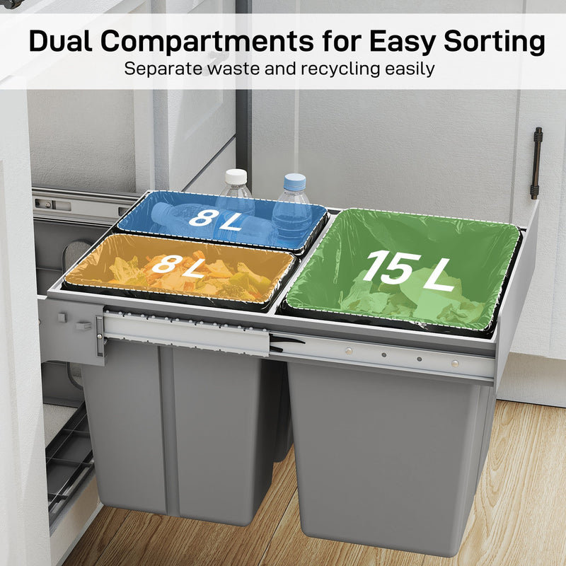Pull-out bin drawer open showing three labelled compartments, 8L, 8L and 15L, for sorting waste and recycling
