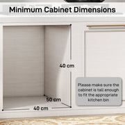 Diagram showing minimum cabinet dimensions of 40W x 50D x 40H cm needed to fit the pull-out bin