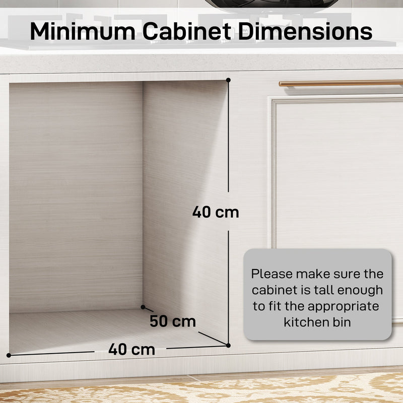 Diagram showing minimum cabinet dimensions of 40W x 50D x 40H cm needed to fit the pull-out bin
