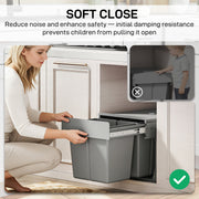 Woman kneeling to open the soft-close pull-out bin, with a callout showing it resists being pulled open by children