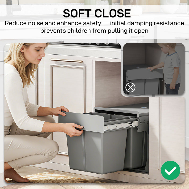 Woman kneeling to open the soft-close pull-out bin, with a callout showing it resists being pulled open by children