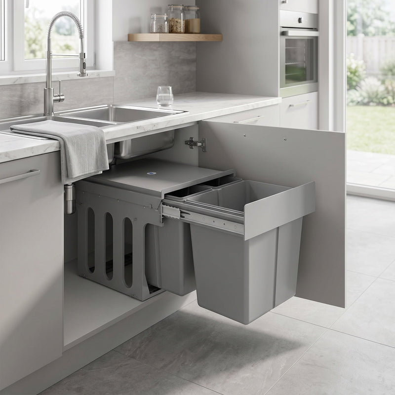 Pull-out bin fitted under a kitchen sink beside the plumbing, cabinet door open