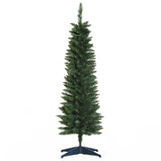 5ft green unlit pencil Christmas tree on a dark plastic stand against a white background