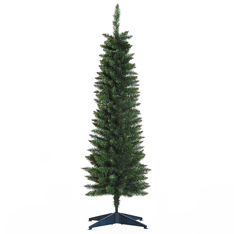 5ft green unlit pencil Christmas tree on a dark plastic stand against a white background