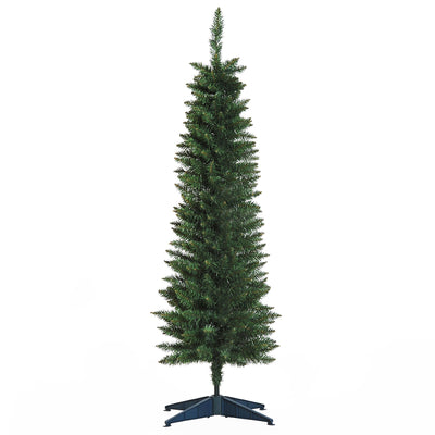 5ft green unlit pencil Christmas tree on a dark plastic stand against a white background