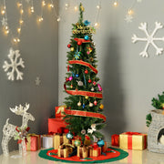Green pencil Christmas tree decorated with ribbon and baubles in a grey living room corner