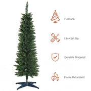 Green pencil Christmas tree with icons for full look, easy set up, durable material and flame retardant