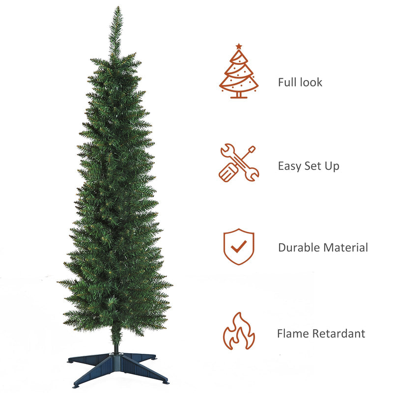 Green pencil Christmas tree with icons for full look, easy set up, durable material and flame retardant
