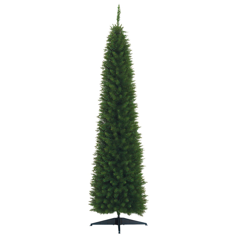 7ft green unlit pencil Christmas tree on a dark plastic stand against a white background