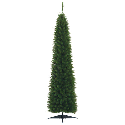 7ft green unlit pencil Christmas tree on a dark plastic stand against a white background