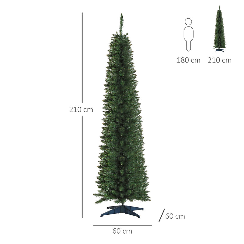 Dimensions diagram of the 7ft pencil tree showing 210 cm height and 60 cm base width with a 180 cm person for scale