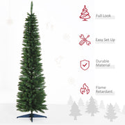 Green pencil Christmas tree with icons for full look, easy set up, durable material and flame retardant
