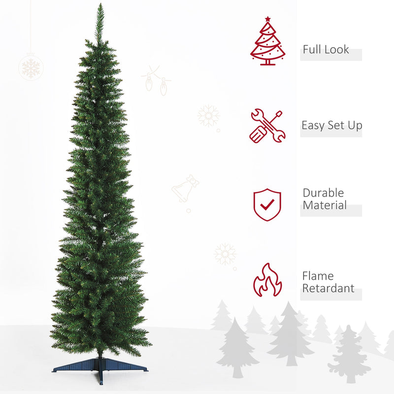Green pencil Christmas tree with icons for full look, easy set up, durable material and flame retardant