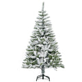 Front view of a 5ft snow flocked Christmas tree on a black steel stand