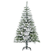 Front view of a 5ft snow flocked Christmas tree on a black steel stand