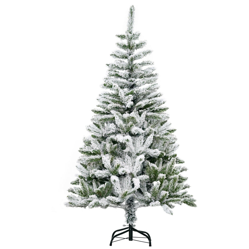 Front view of a 5ft snow flocked Christmas tree on a black steel stand