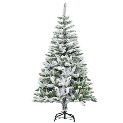 Front view of a 5ft snow flocked Christmas tree on a black steel stand