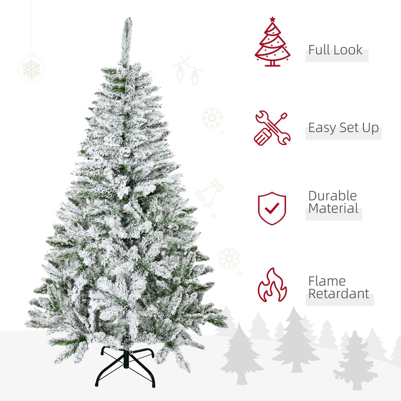 Snow flocked tree with icons for full look, easy set up, durable material and flame retardant