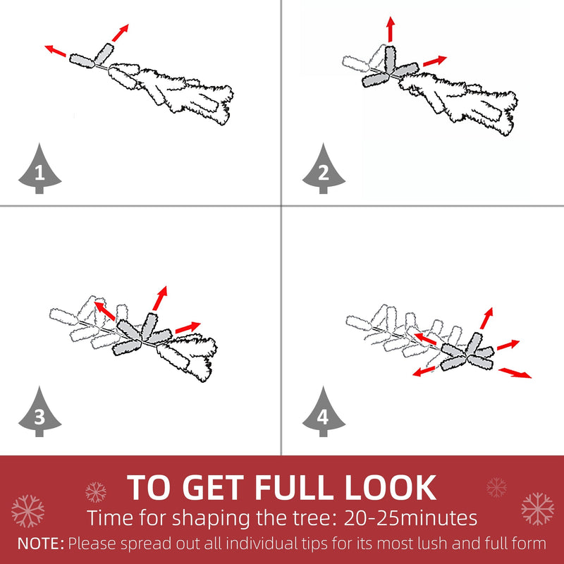 Four-step diagram showing how to spread out the branch tips, with a 20-25 minute shaping time