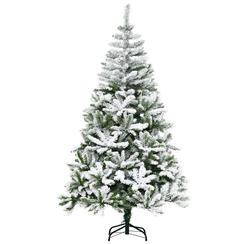 Front view of a 6ft snow flocked Christmas tree on a black steel stand