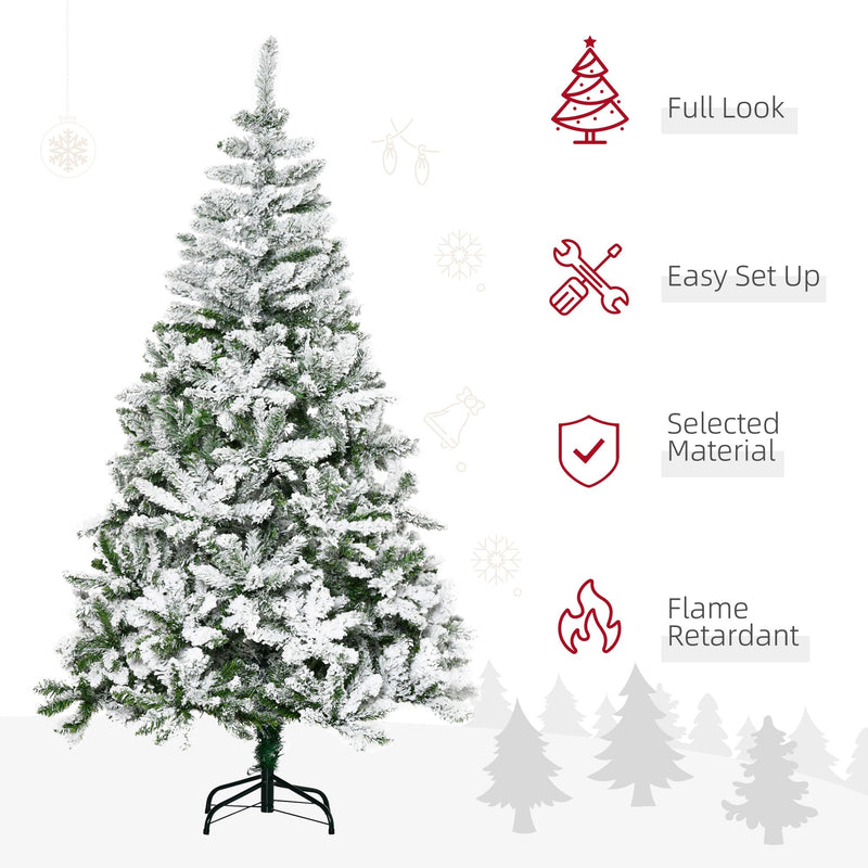 Snow flocked tree with icons for full look, easy set up, selected material and flame retardant