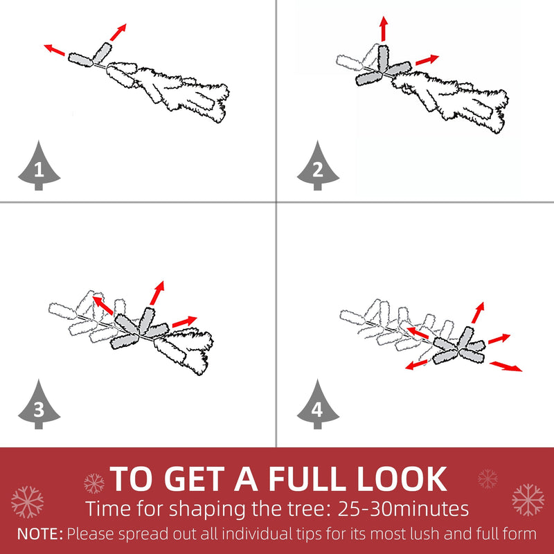 Four-step diagram showing how to spread out the branch tips, with a 25-30 minute shaping time