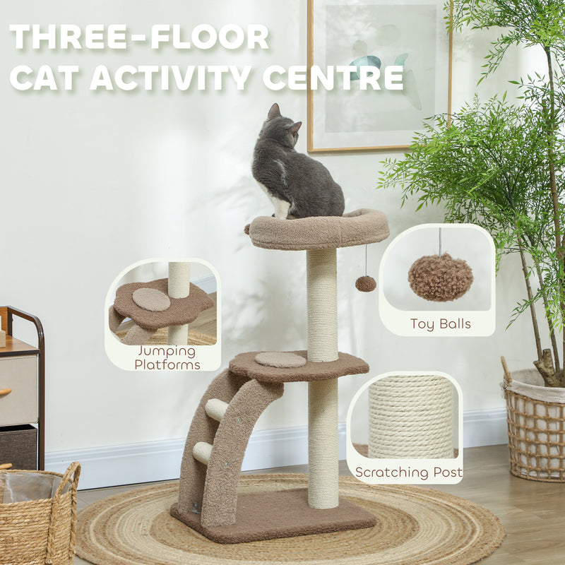 Brown Cat Tree for Indoor Cats With Sisal Scratching Post Hanging Ball and Large Perch by PawHut