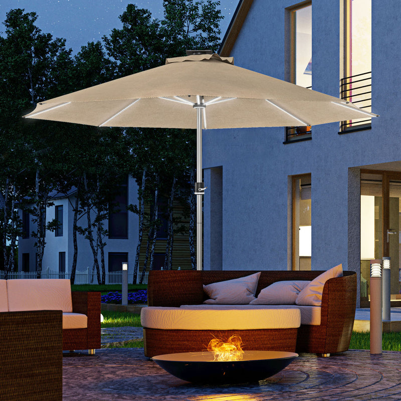 Khaki 3m Garden Parasol With Solar LED Lights For Shaded Outdoor Relaxation