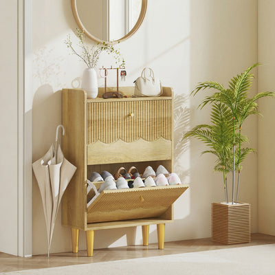Slim Shoe Cabinet for Narrow Hallways with Adjustable Shelves and Top Storage Oak AOSOM