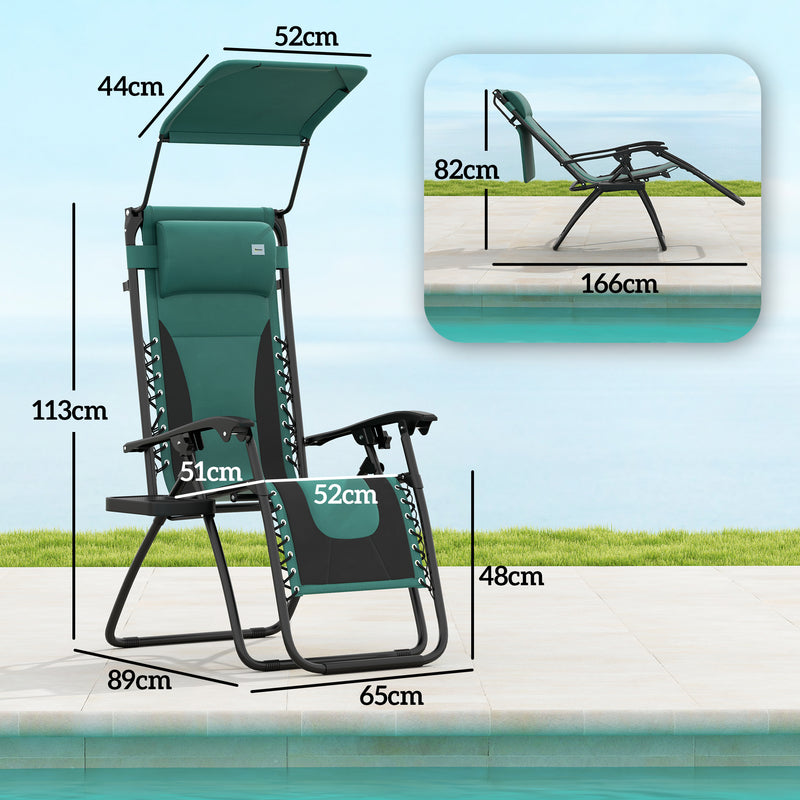 Green Zero Gravity Reclining Outdoor Sun Lounger with Shade Cup Holder and Cushion by Outsunny