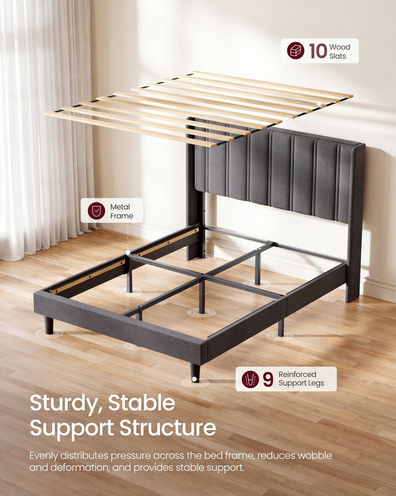 Wood slat panel raised above the slate grey bed showing the metal frame and support legs
