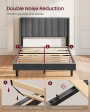 Slate grey bed base with slats marked for hook-and-loop fasteners and noise-reducing foam pads