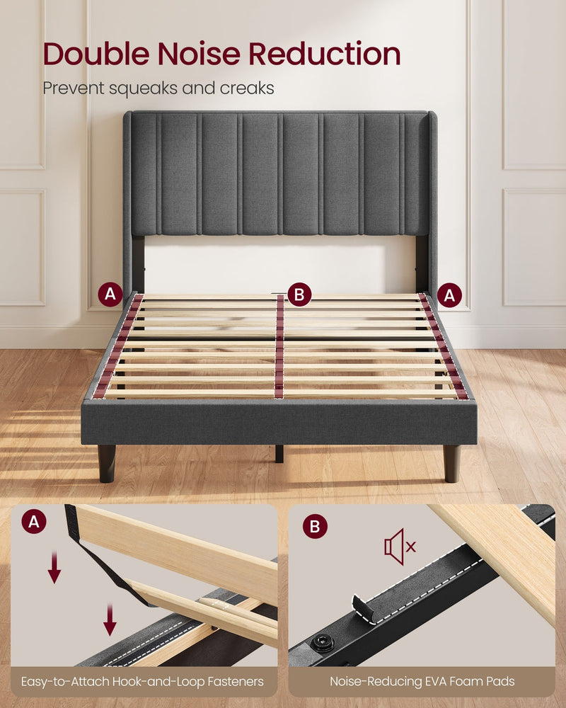 Slate grey bed base with slats marked for hook-and-loop fasteners and noise-reducing foam pads