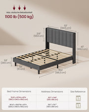Dimension diagram of the slate grey double bed marked 134.5 cm wide and 109.2 cm tall