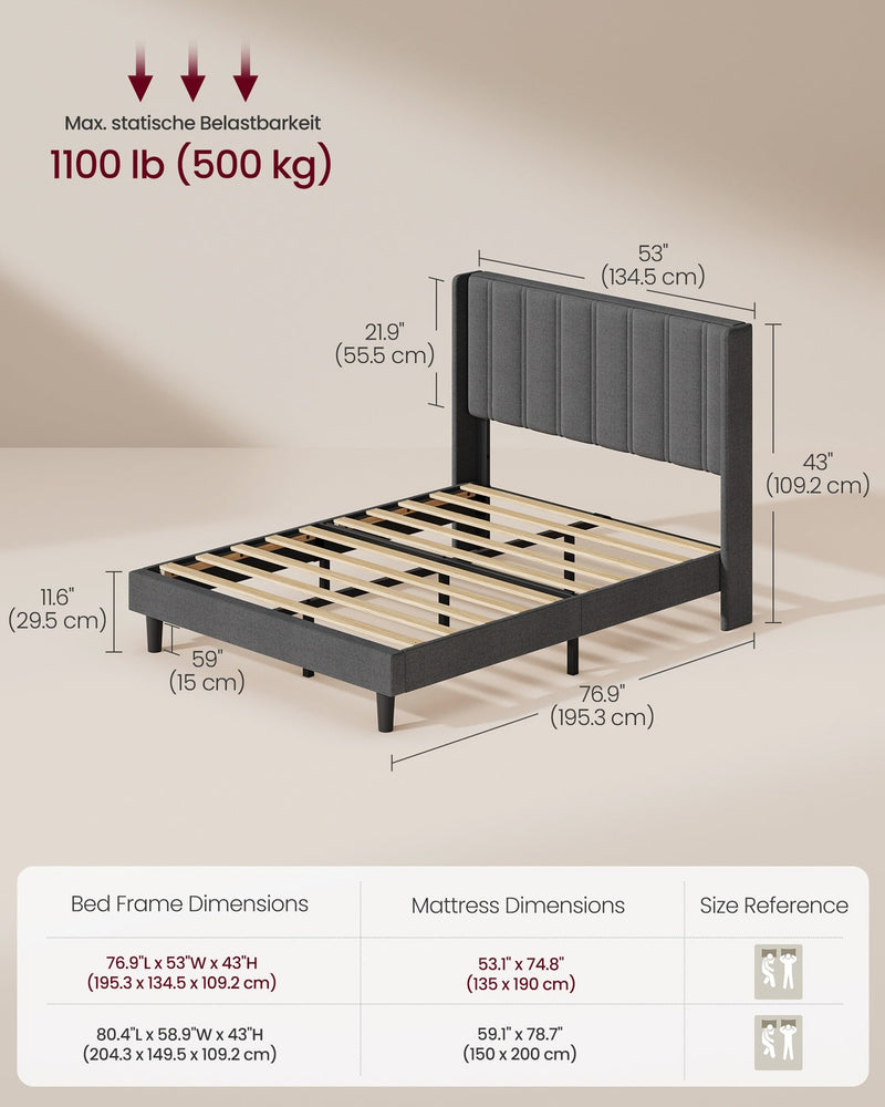 Dimension diagram of the slate grey double bed marked 134.5 cm wide and 109.2 cm tall