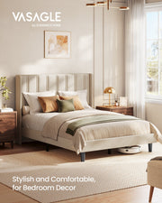 Cappuccino wingback double bed in a bright bedroom with a robot vacuum passing beneath it