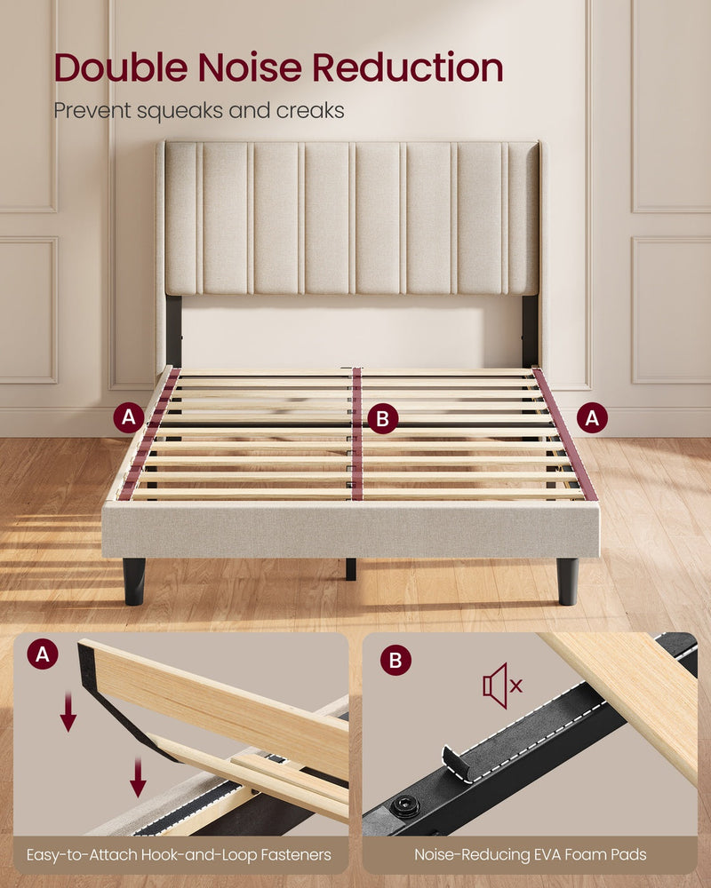 Cappuccino bed base with slats marked to show hook-and-loop fasteners and foam pads