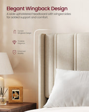 Close-up of the cappuccino wingback headboard with its curved padded side wing