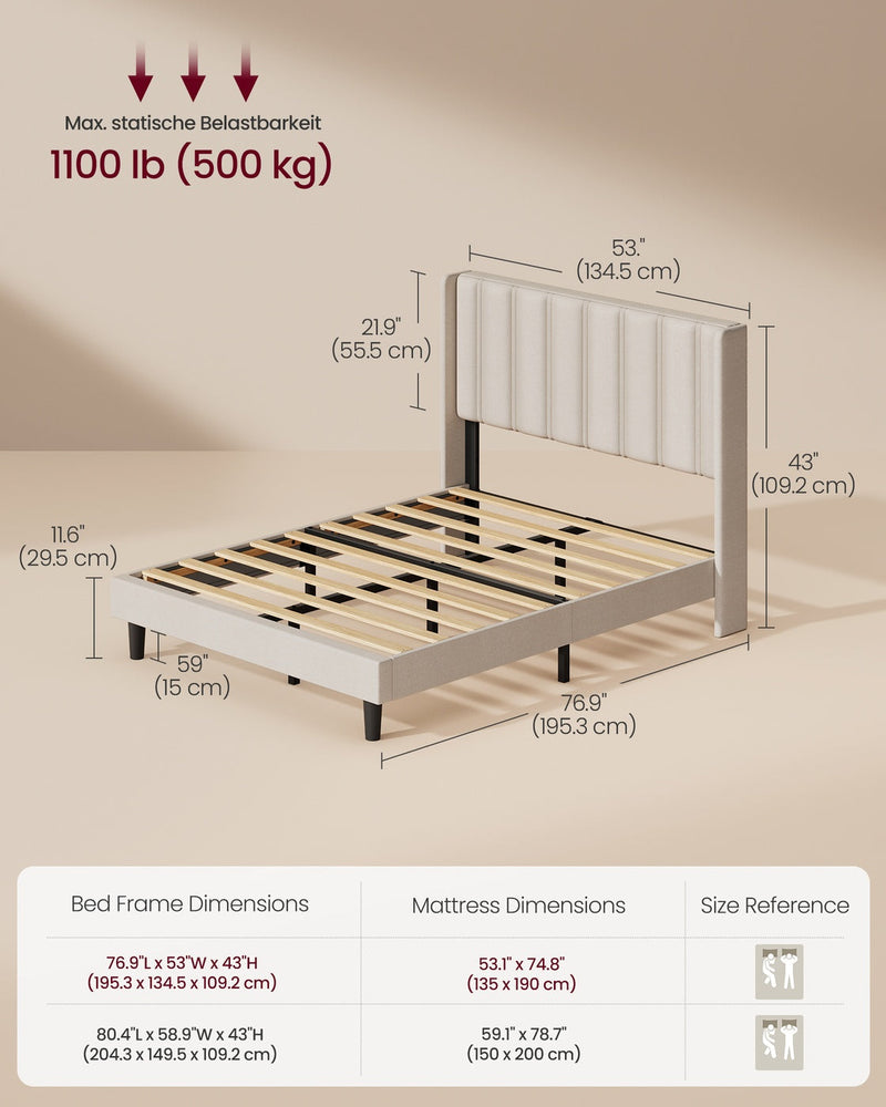 Dimension diagram of the cappuccino double bed marked 195.3 by 134.5 by 109.2 cm