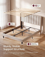 Cappuccino bed with 10 wood slats lifted above the metal frame and 9 support legs